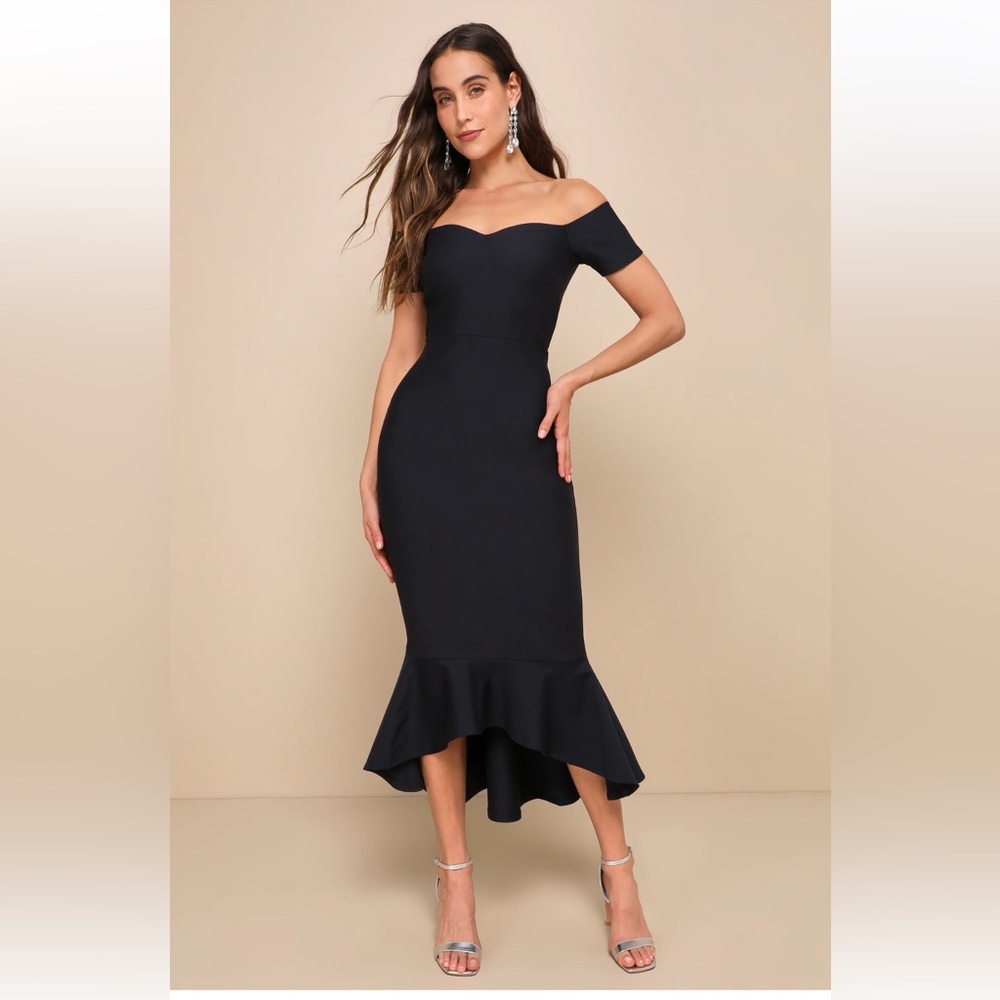 Lulus How Much I Care Midnight Blue Off-the-Shoulder Midi Dress- M